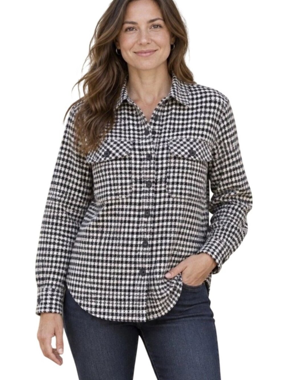 Duluth Black & White Plaid Button-Up Long Sleeve Shirt jacket L mid weight